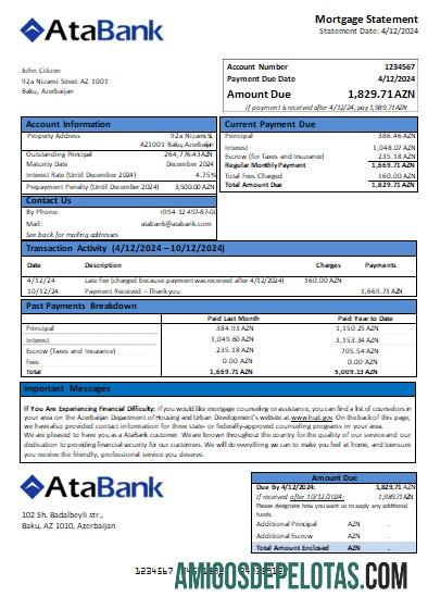 Extrato de hipoteca do Azerbaijão Atabank Bank Scr amostra